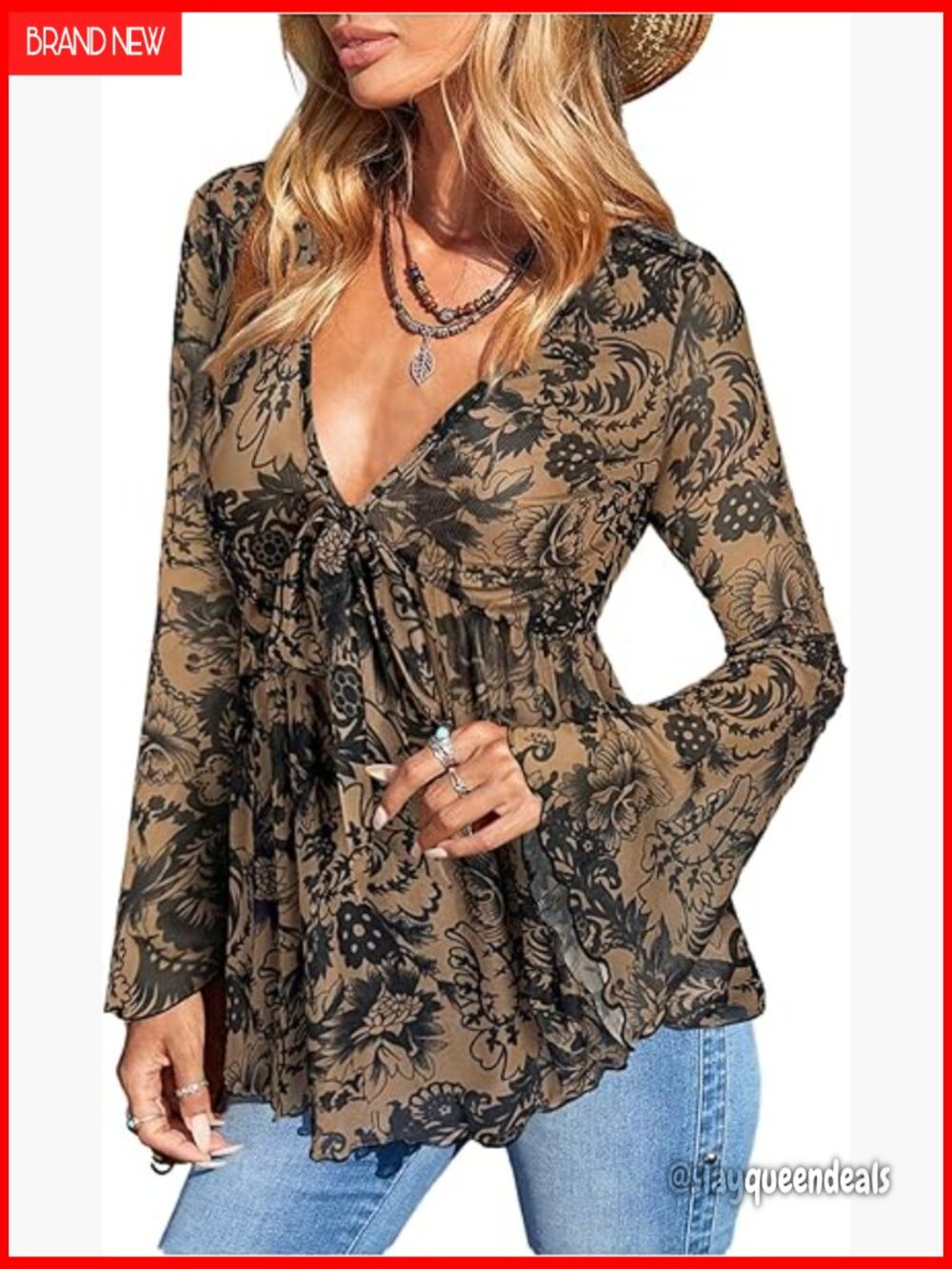 Mesh Peplum Top Long Sleeve V Neck Flare Bell Boho Paisley T-Shirt